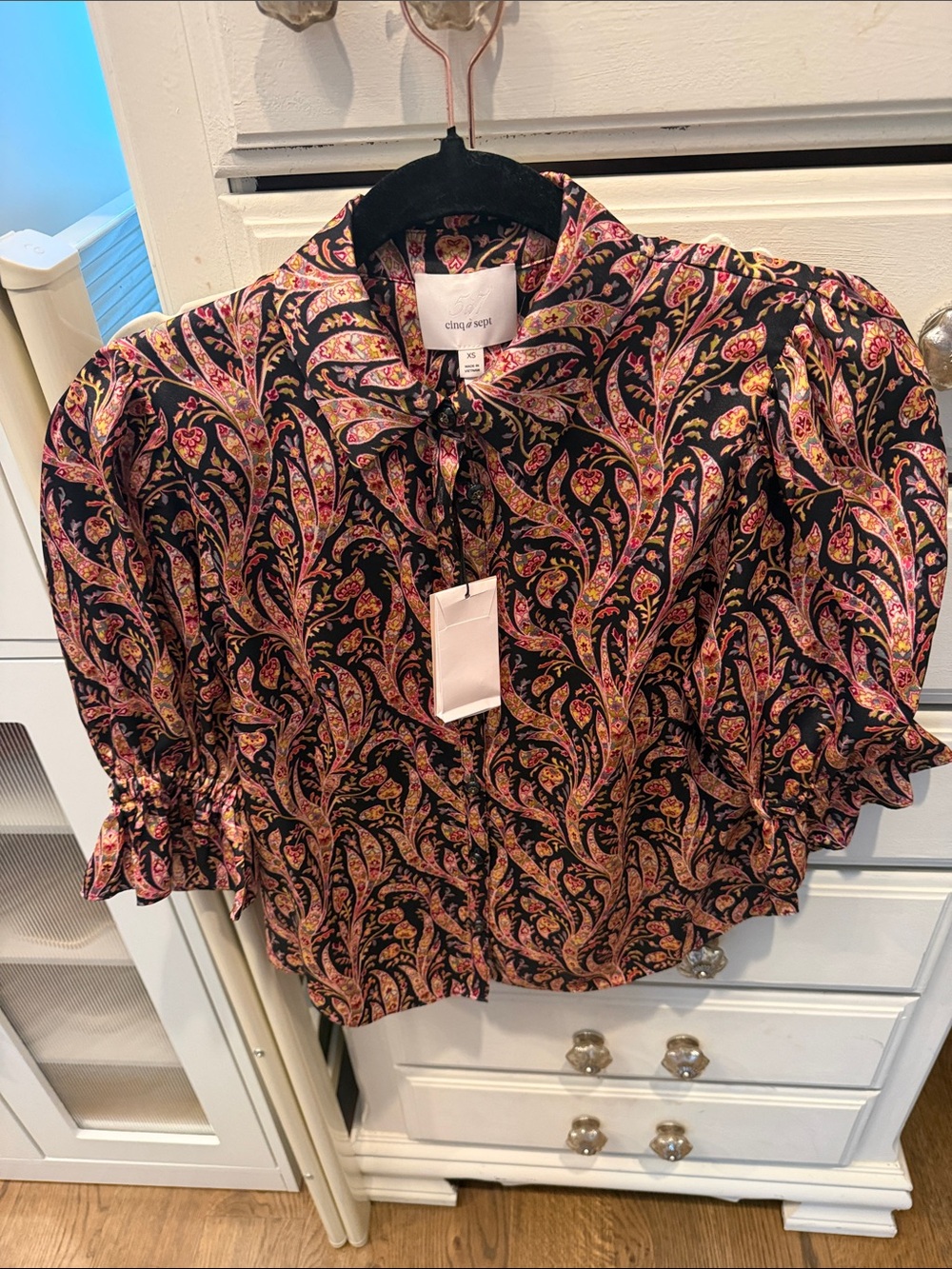 cinq a sept Black Paisley Tie-Neck Blouse with Pink & Gold Accents